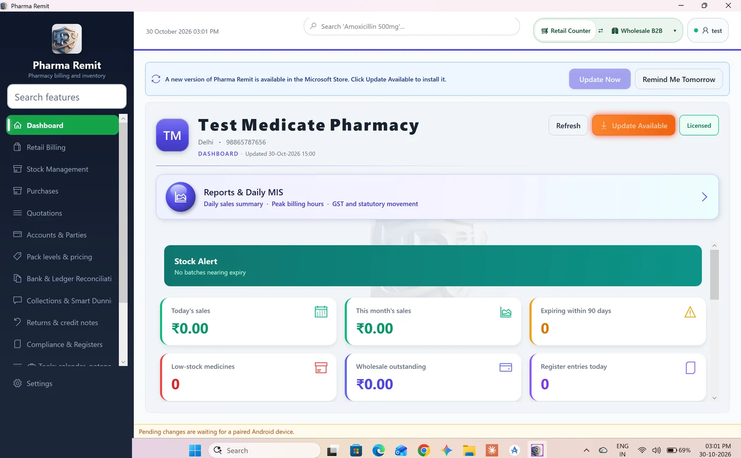 Pharma Remit pharmacy management dashboard showing sales, stock and business reports